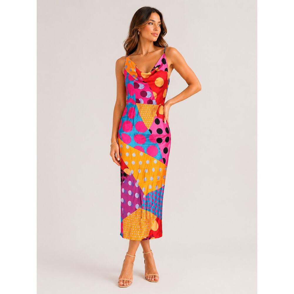 Rat Boi Bellissima Cowl Neck Slip Midi Dress Polka Dot Multicolor Size Small